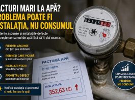 Facturi mari la apă? Problema poate fi instalația, nu consumul Apometru care indică un consum ridicat de apă într-un apartament din București, sugerând pierderi în instalația sanitară