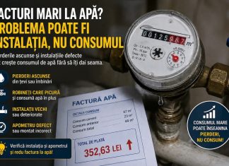 Facturi mari la apă? Problema poate fi instalația, nu consumul Apometru care indică un consum ridicat de apă într-un apartament din București, sugerând pierderi în instalația sanitară