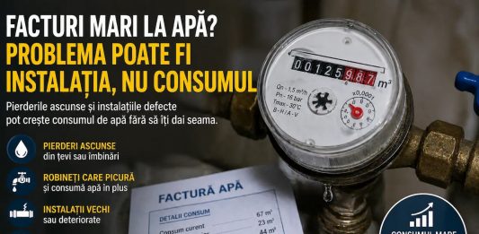 Facturi mari la apă? Problema poate fi instalația, nu consumul Apometru care indică un consum ridicat de apă într-un apartament din București, sugerând pierderi în instalația sanitară