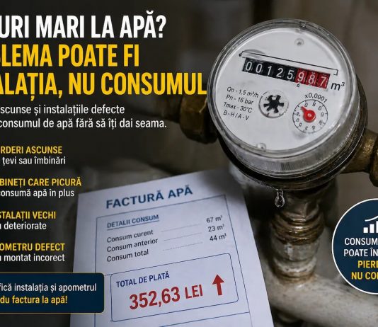 Facturi mari la apă? Problema poate fi instalația, nu consumul Apometru care indică un consum ridicat de apă într-un apartament din București, sugerând pierderi în instalația sanitară