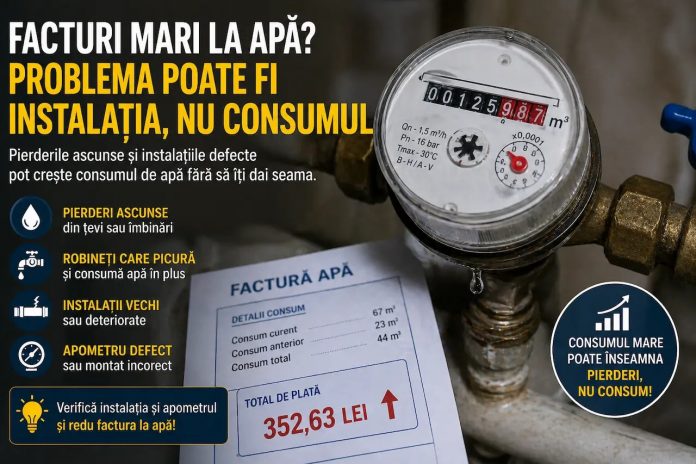 Apometru care indică un consum ridicat de apă într-un apartament din București, sugerând pierderi în instalația sanitară