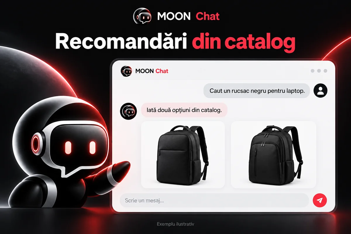 Exemplu ilustrativ de conversație MOON Chat cu recomandări de rucsacuri din catalog
